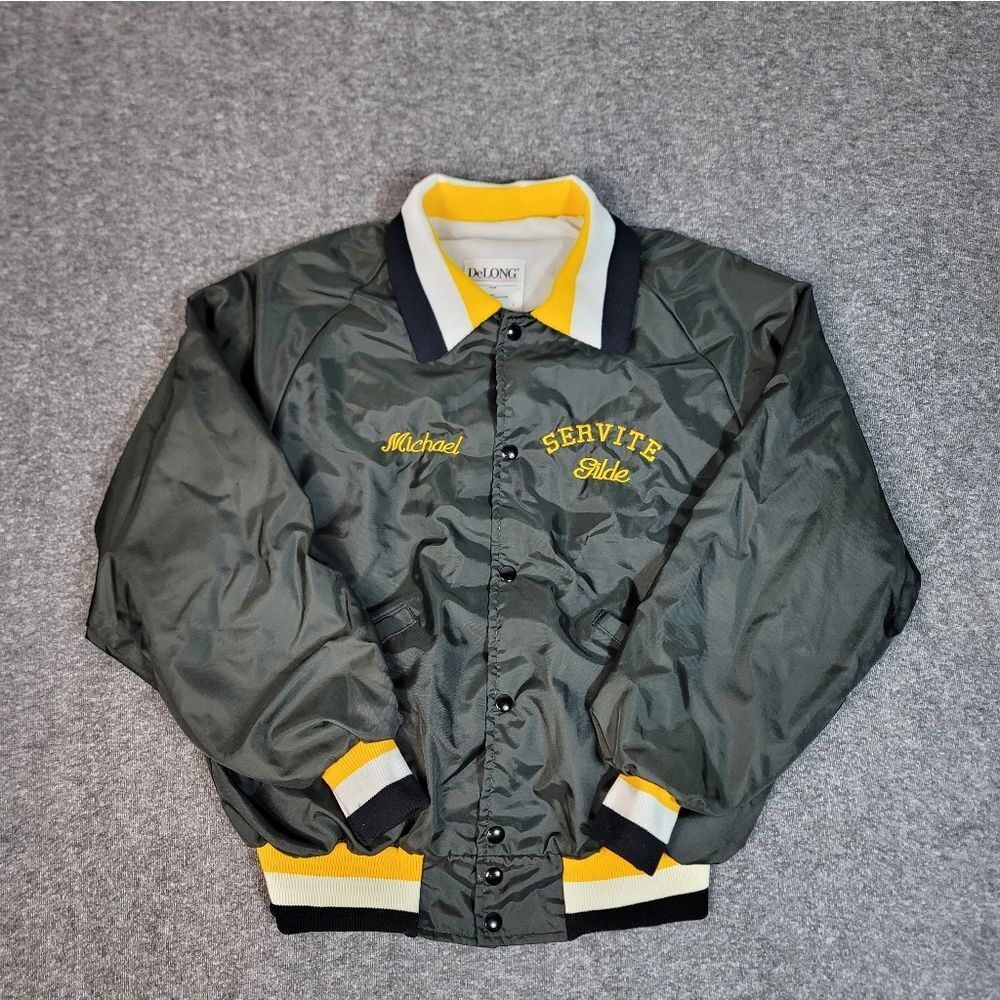 Vintage DeLong Varsity Coach Jacket Mens L Black Nylon Servite Tide Embroidered